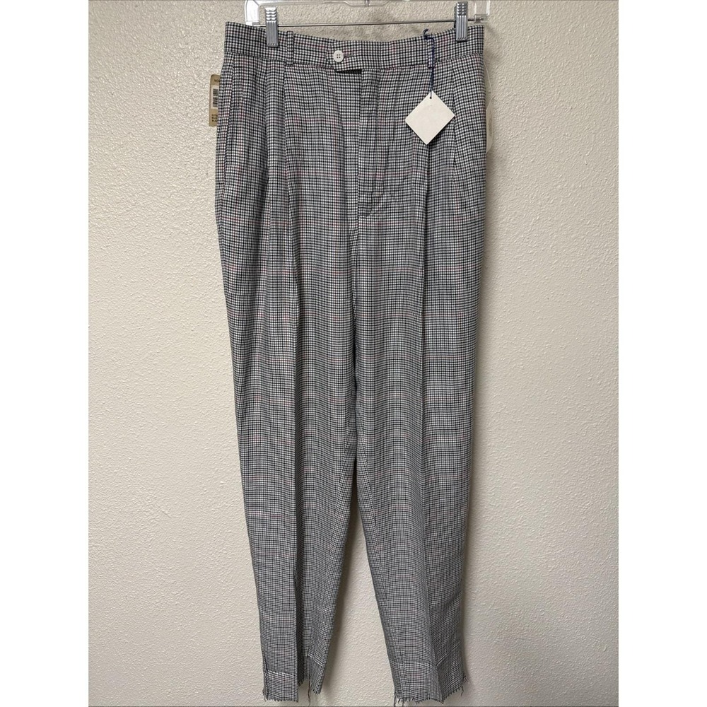 Vtg Barry Bricken Houndstooth Glen Plaid Trousers Pants Sz 12 Raw Hem LinenBlend